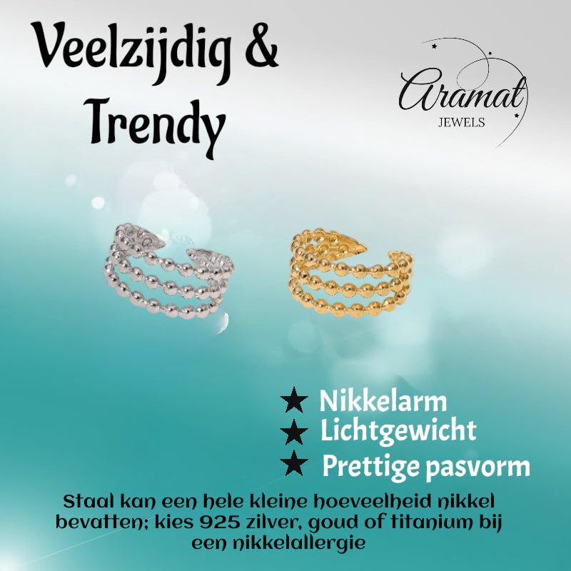 Open Ring RVS met Drie Bolletjeslijnen (10 mm) - Goudkleur -