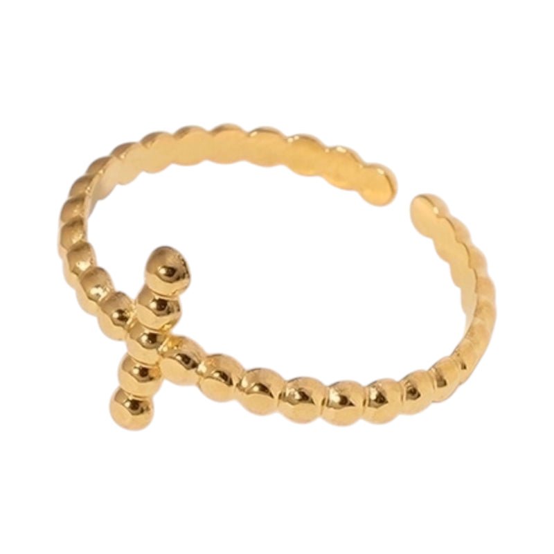 Open Ring RVS met Bolletjesmotief en Kruisje (10 mm) - Goudkleur -