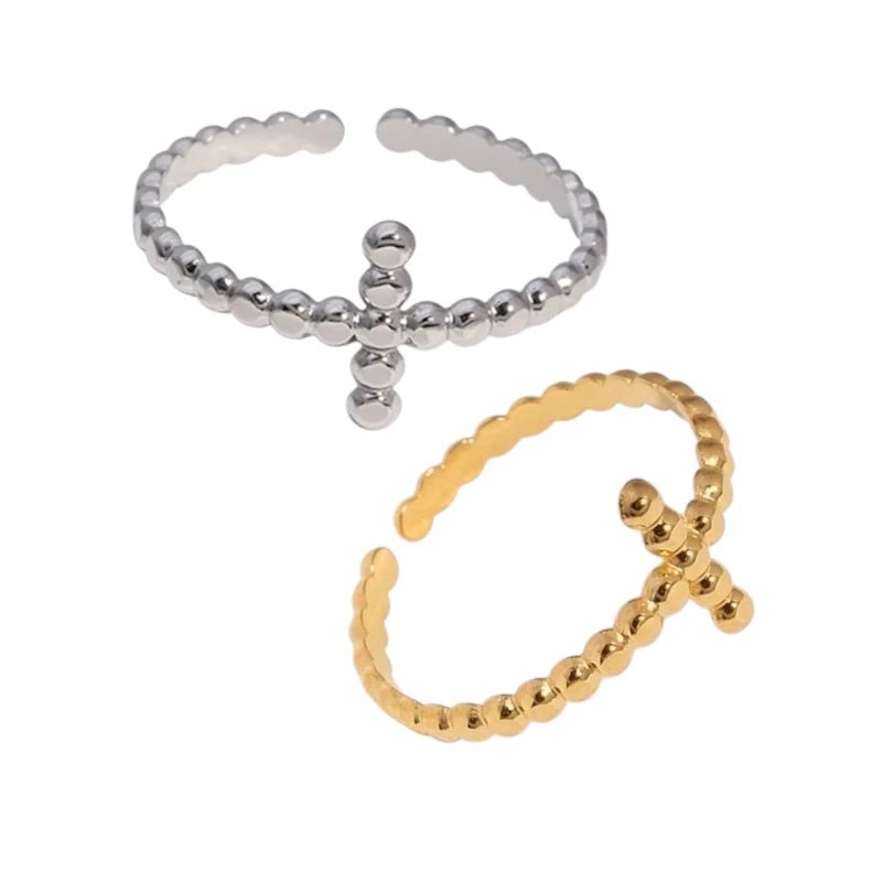 Open Ring RVS met Bolletjesmotief en Kruisje (10 mm) - Goudkleur -