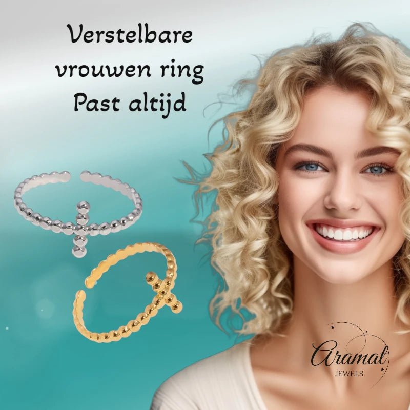 Open Ring RVS met Bolletjesmotief en Kruisje (10 mm) - Goudkleur -