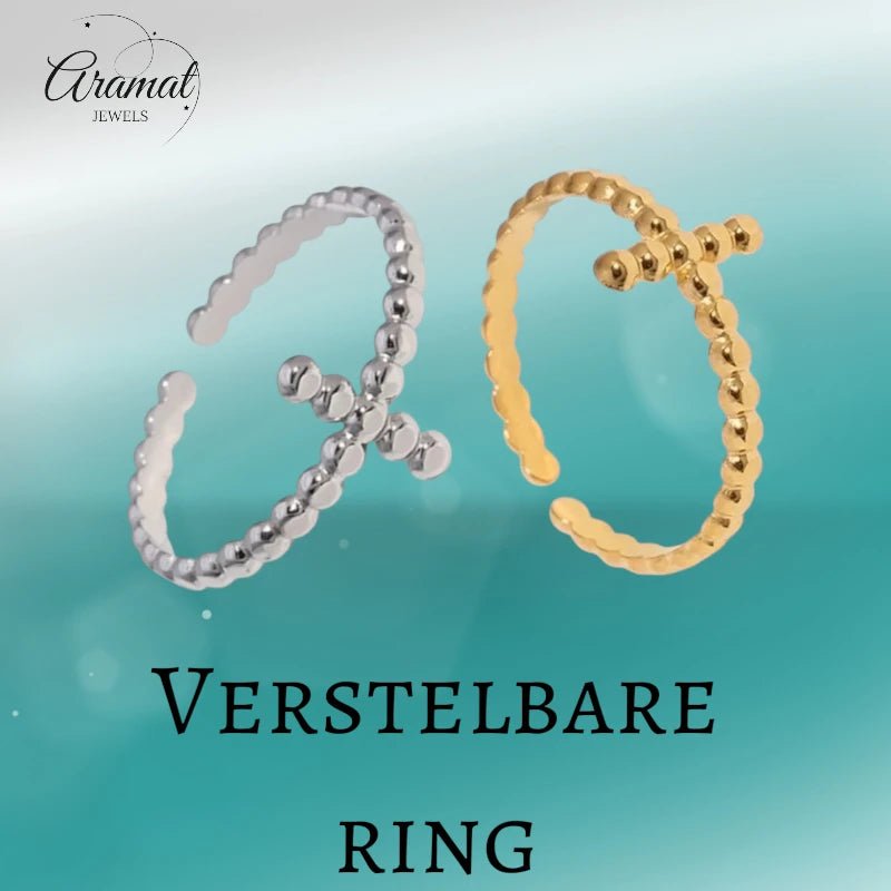 Open Ring RVS met Bolletjesmotief en Kruisje (10 mm) - Goudkleur -