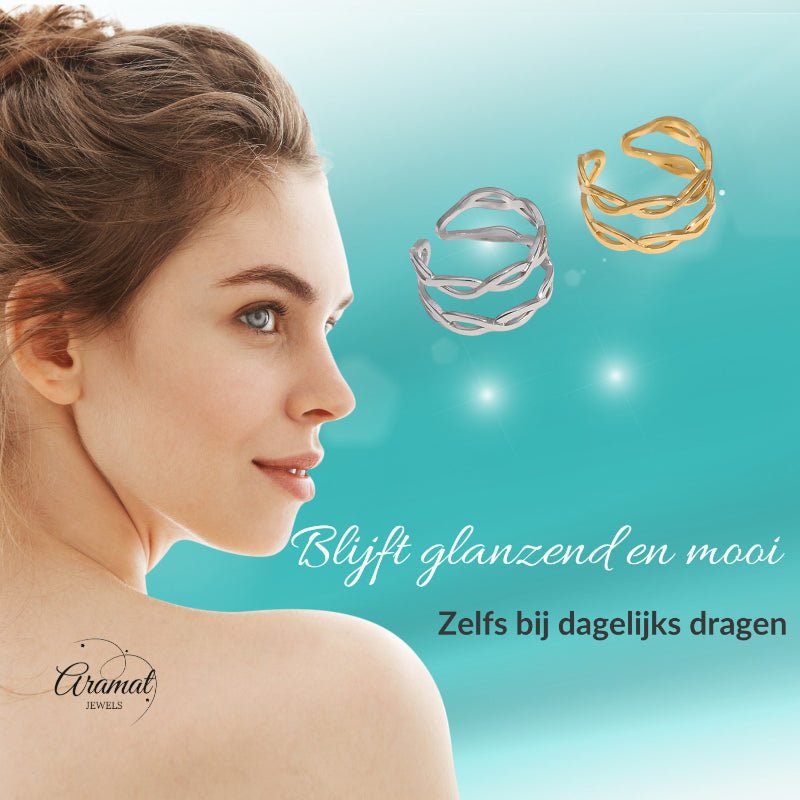 Open Ring RVS met Gevlochten Lijnen (12 mm) - Goudkleur -