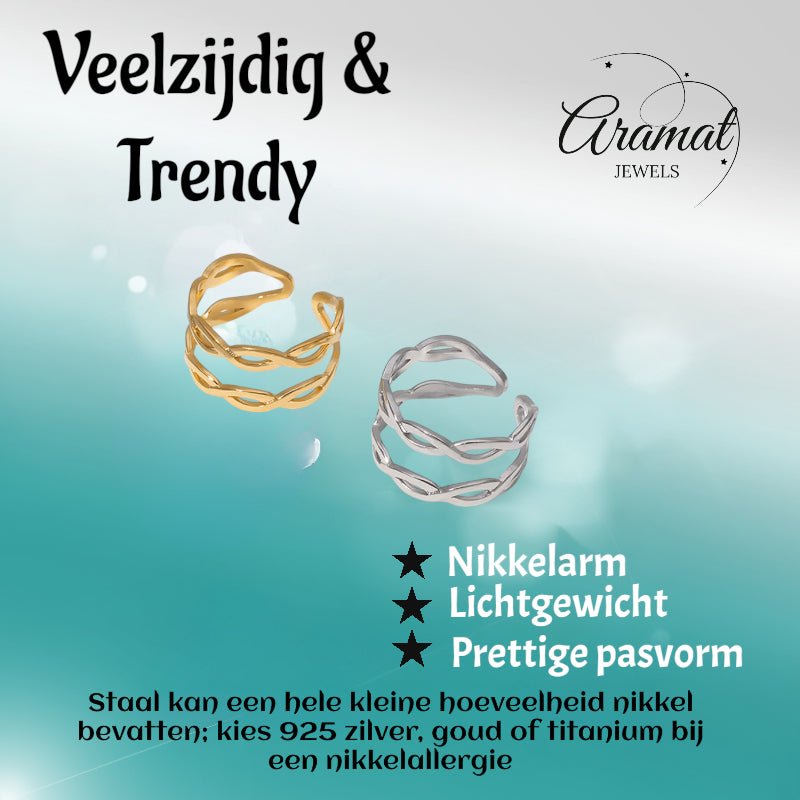 Open Ring RVS met Gevlochten Lijnen (12 mm) - Goudkleur -