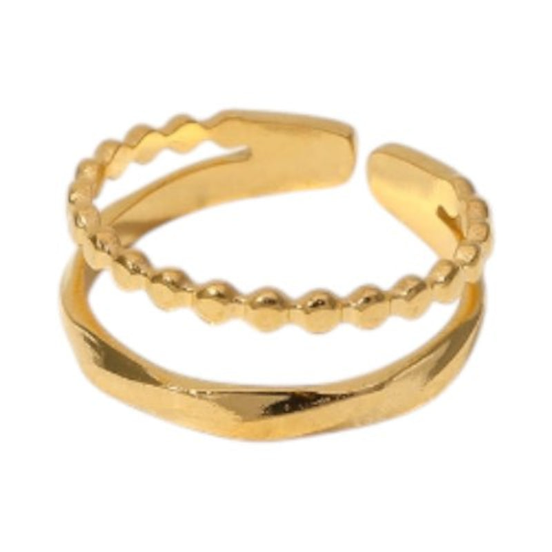 Open Ring RVS met Dot en Gehamerde Lijn (7 mm) - Goudkleur -
