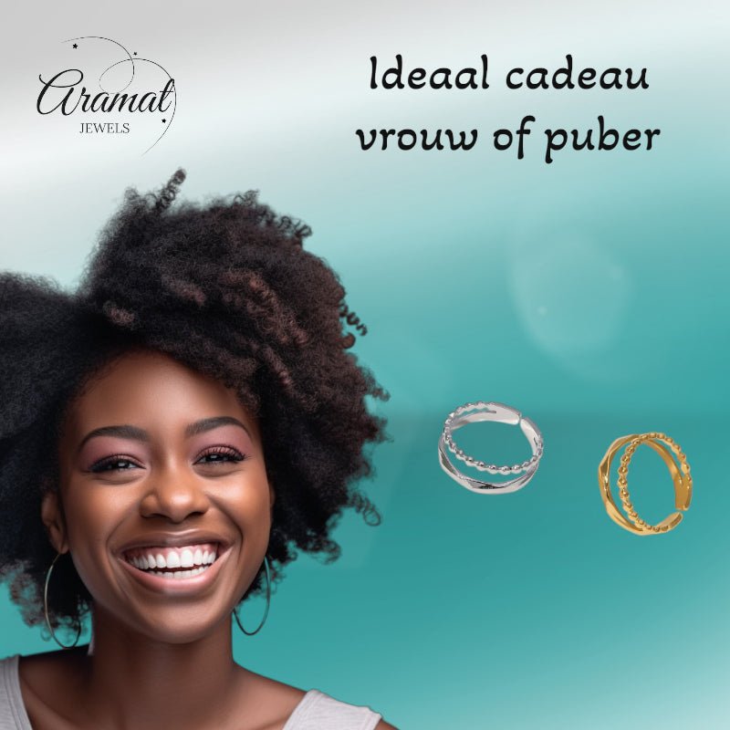 Open Ring RVS met Dot en Gehamerde Lijn (7 mm) - Goudkleur -