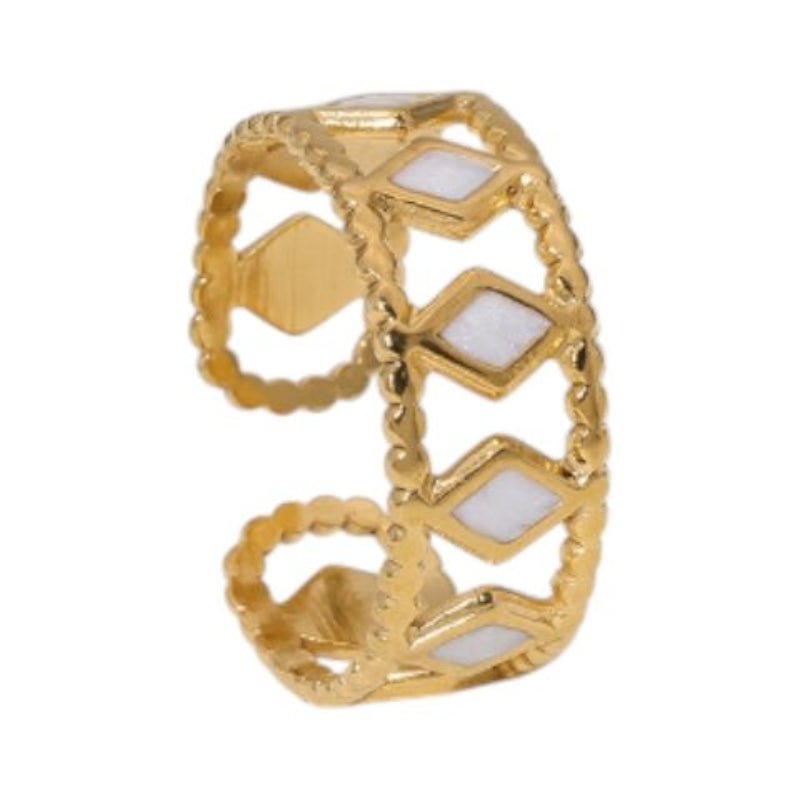 Verstelbare RVS Ring Emaille Ruitjes - Goud met Wit of Zwart - Wit -
