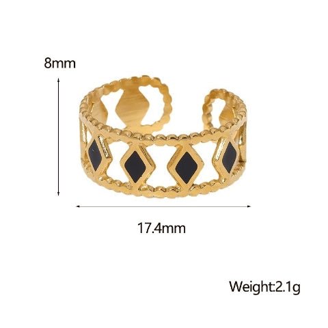 Verstelbare RVS Ring Emaille Ruitjes - Goud met Wit of Zwart - Wit -