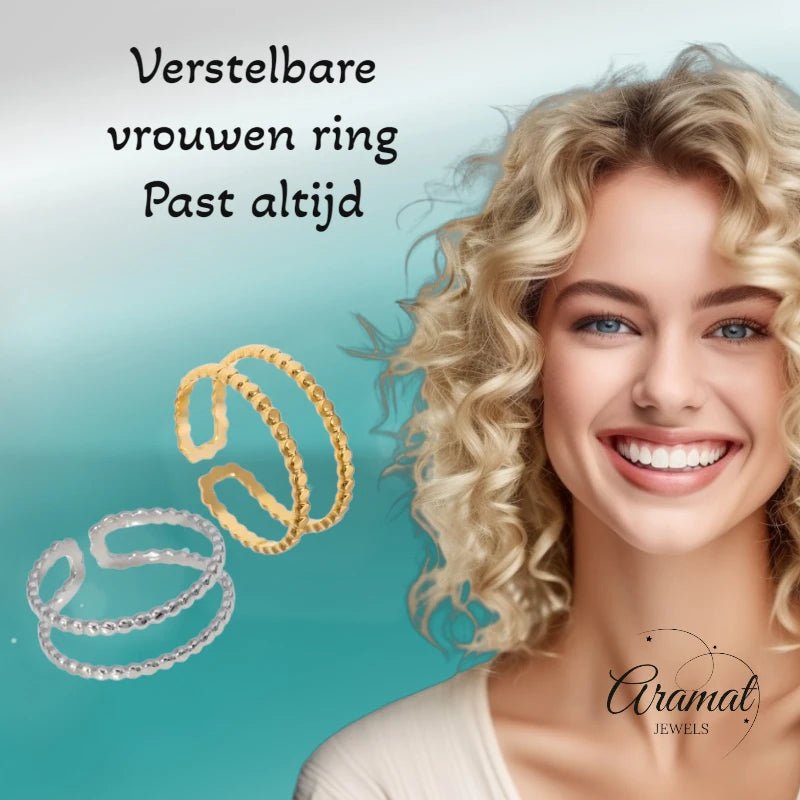 Verstelbare RVS Ring met Dubbele Bolletjeslijn (7 mm) - Goudkleur -