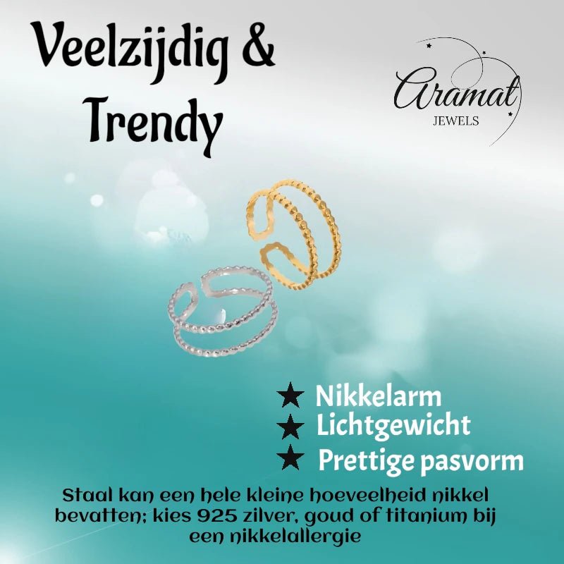 Verstelbare RVS Ring met Dubbele Bolletjeslijn (7 mm) - Goudkleur -