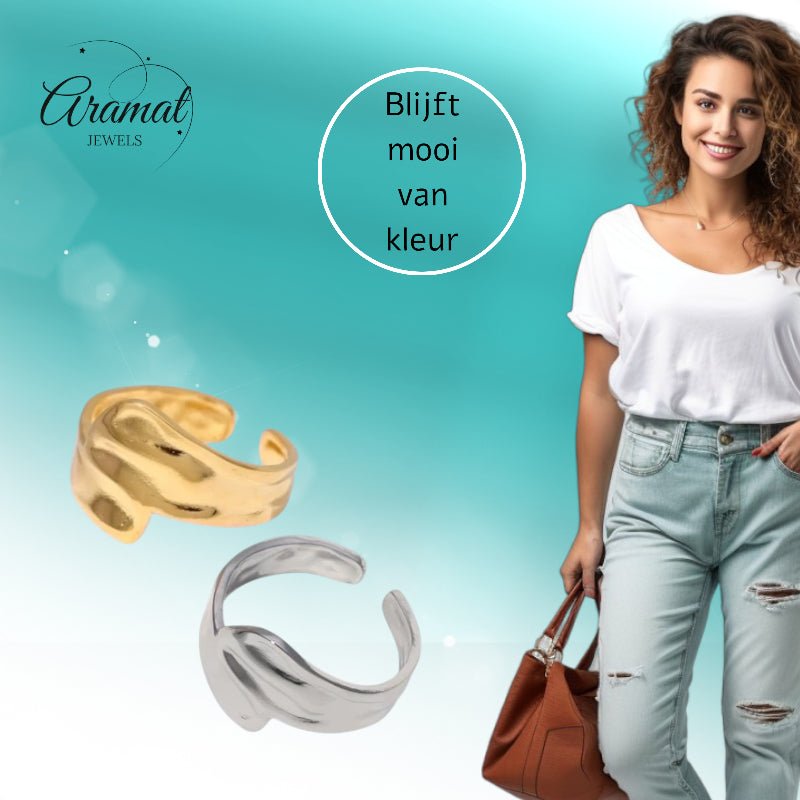 Brede Moderne One Size Ring RVS (14 mm) - Goudkleur -