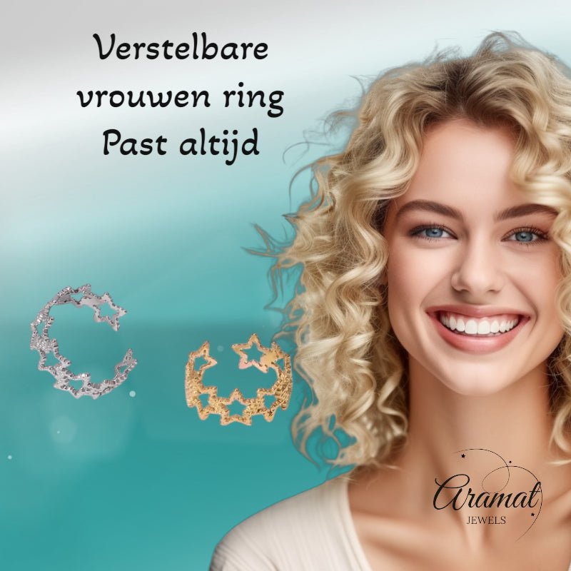 Verstelbare Sterren Ring van RVS met Bolletjes Motief (9 mm) - Goudkleur -