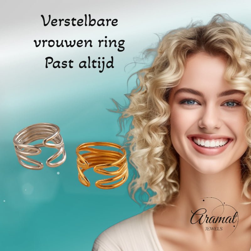 Brede One Size Ring RVS met Modern Lijnenspel (14 mm) - Goudkleur -