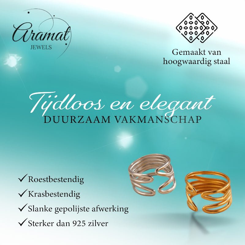 Brede One Size Ring RVS met Modern Lijnenspel (14 mm) - Goudkleur -