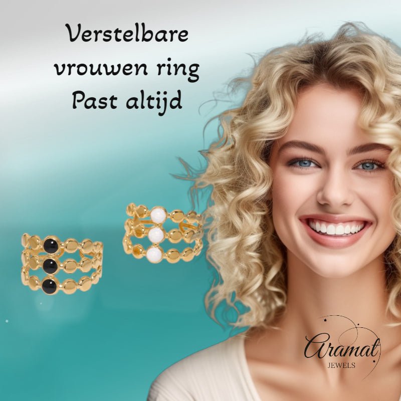 Brede Verstelbare Ring met 3 Emaille Cirkels - Goudkleurig RVS - Wit -
