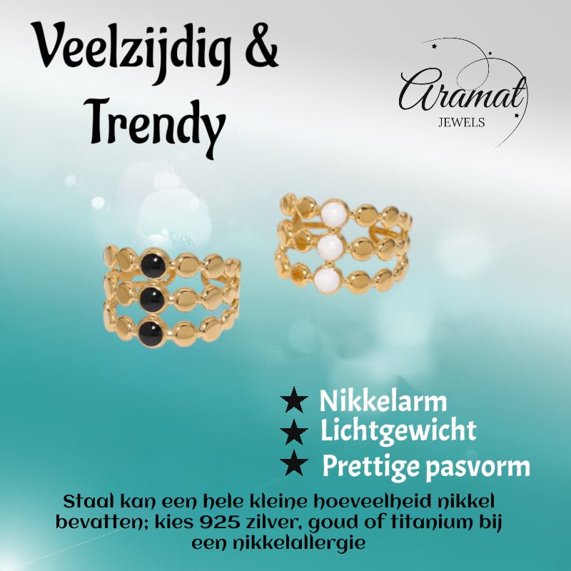 Brede Verstelbare Ring met 3 Emaille Cirkels - Goudkleurig RVS - Wit -