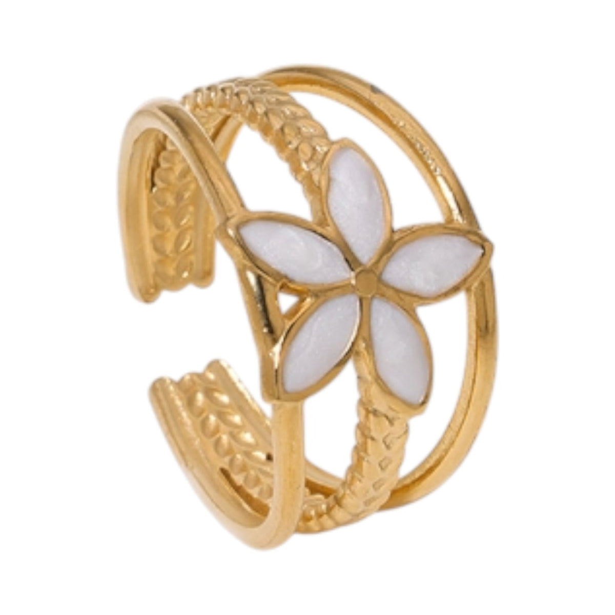 Goudkleurige Verstelbare Ring met Emaille Bloem - Triple Design (12 mm) - Wit -