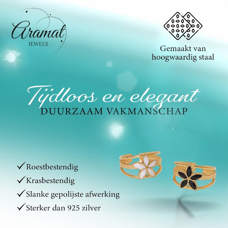 Goudkleurige Verstelbare Ring met Emaille Bloem - Triple Design (12 mm) - Wit -