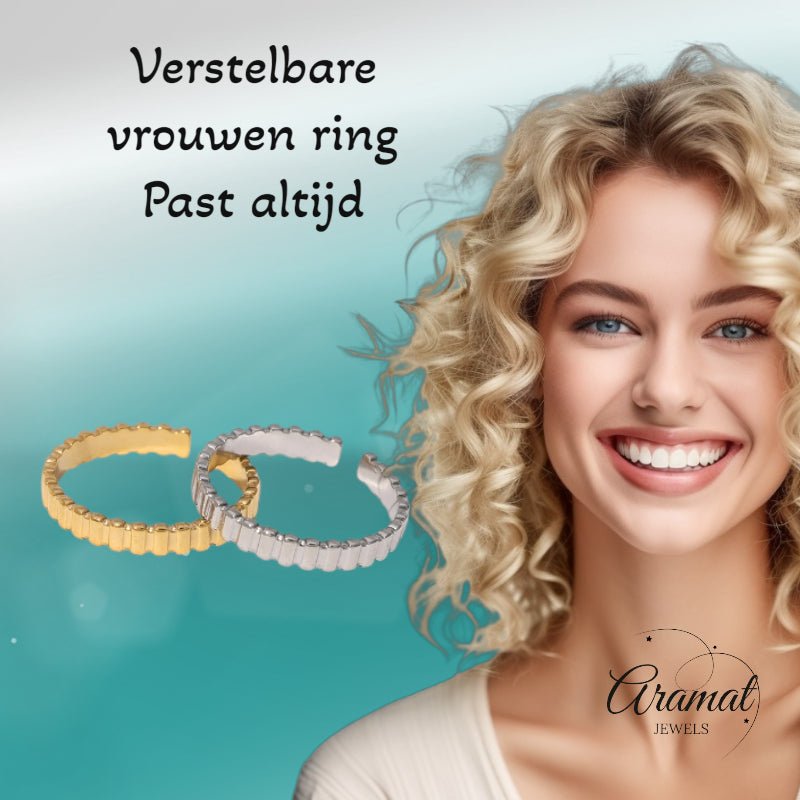 Verstelbare RVS Ring met Blokjes Motief - 3mm Breed - Goudkleur -