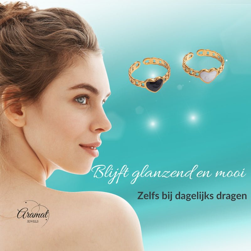 Verstelbare RVS Ring met Emaille Hartje - Goudkleur (8 mm) - Wit -
