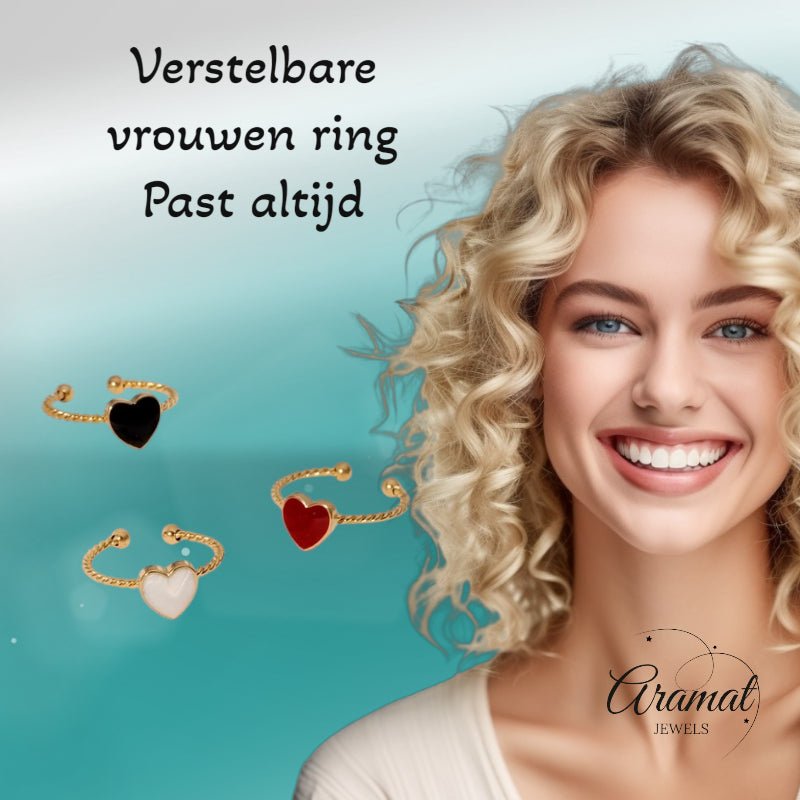 Verstelbare RVS Ring met Emaille Hartje - Goudkleur (8,5 mm) - Wit -