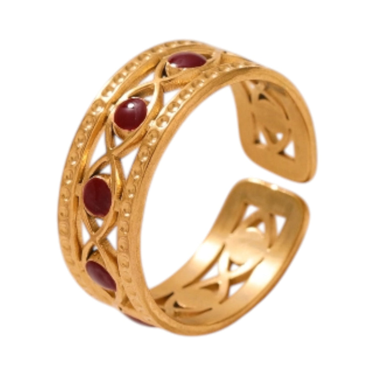 Goudkleurige Verstelbare RVS Ring met Emaille Boze Ogen - 7 mm - Rood -