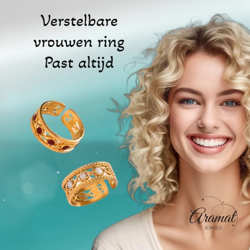 Goudkleurige Verstelbare RVS Ring met Emaille Boze Ogen - 7 mm - Rood -
