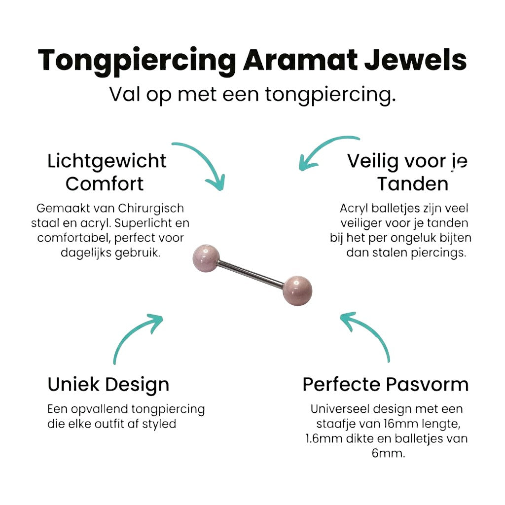 Trendy Parel Tongpiercing -Staal - Licht Roze -