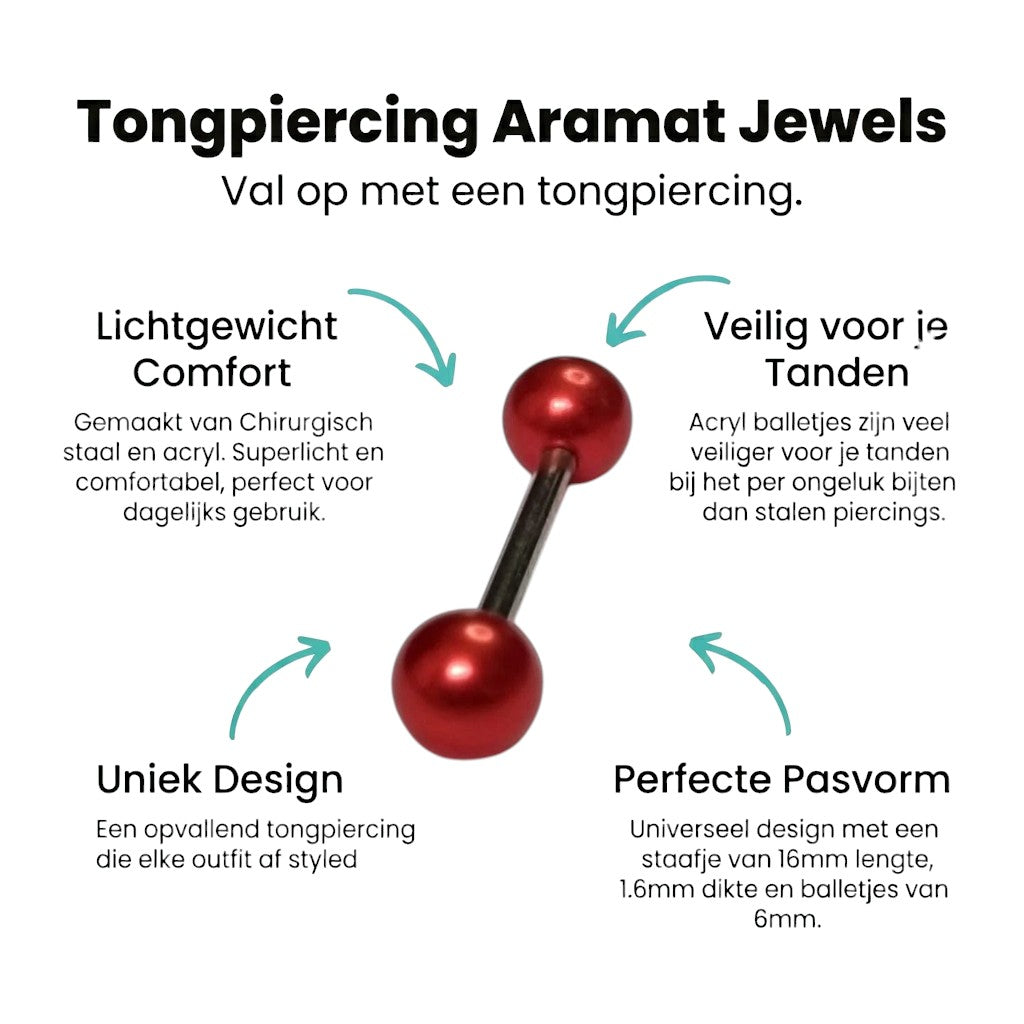 Trendy Parel Tongpiercing -Staal - Rood -