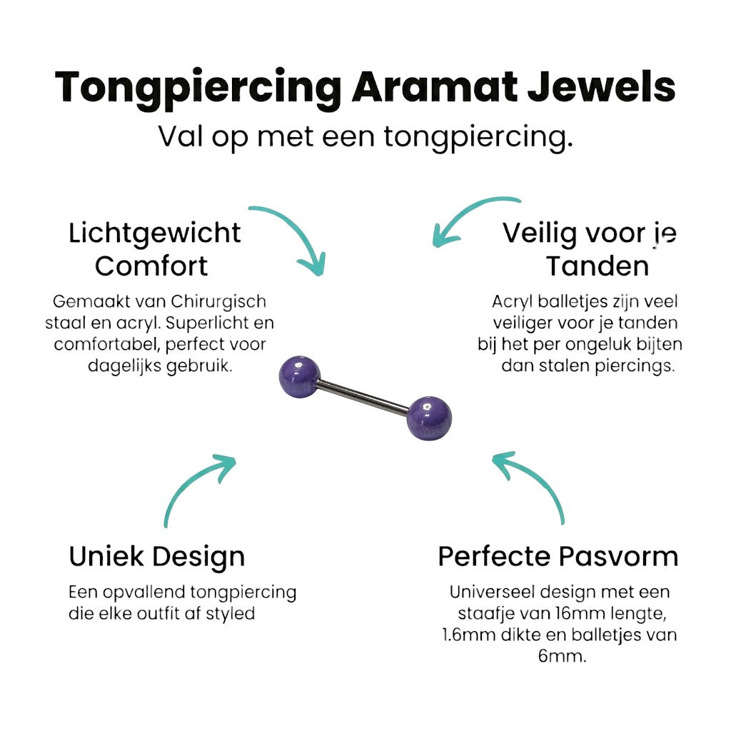 Trendy Parel Tongpiercing -Staal - Glossy Paars -