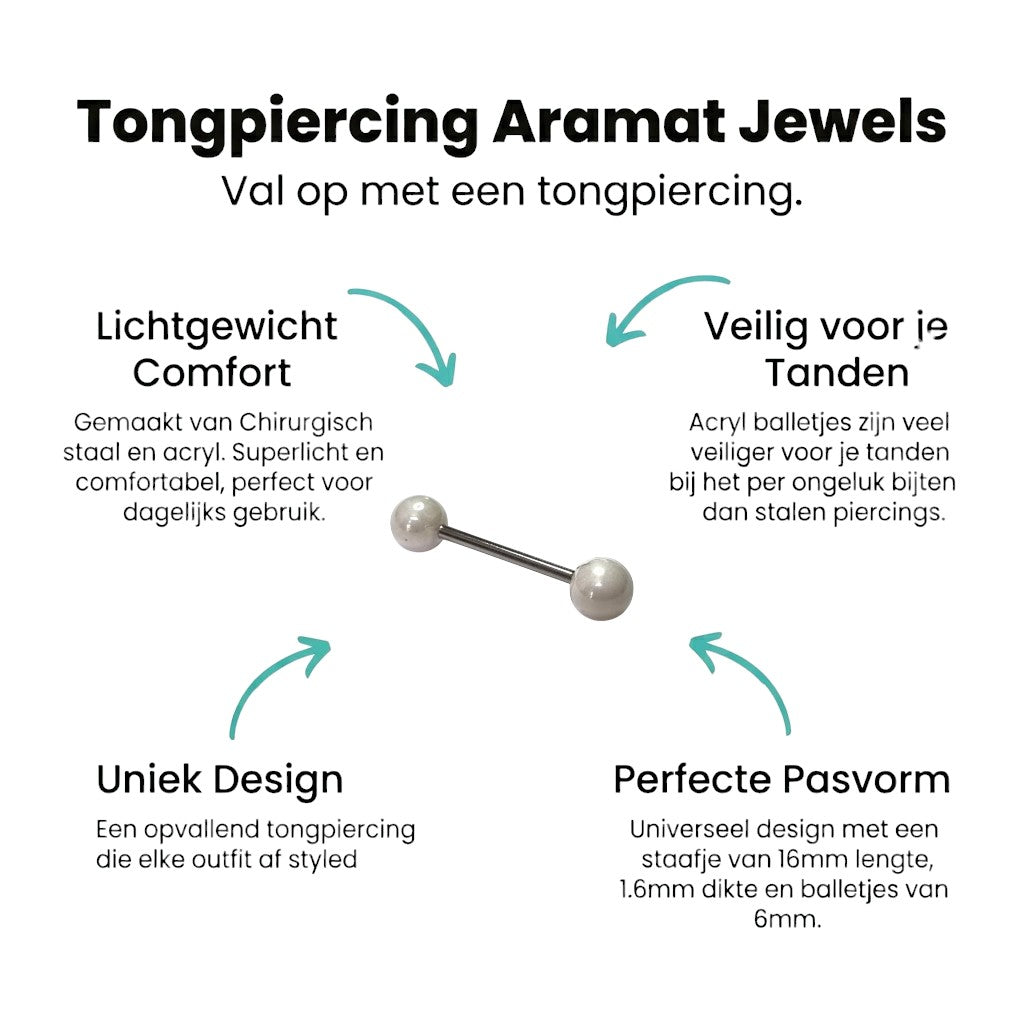 Trendy Parel Tongpiercing -Staal - Mat Wit -