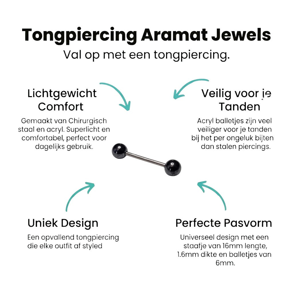 Trendy Parel Tongpiercing -Staal - Mat Zwart -