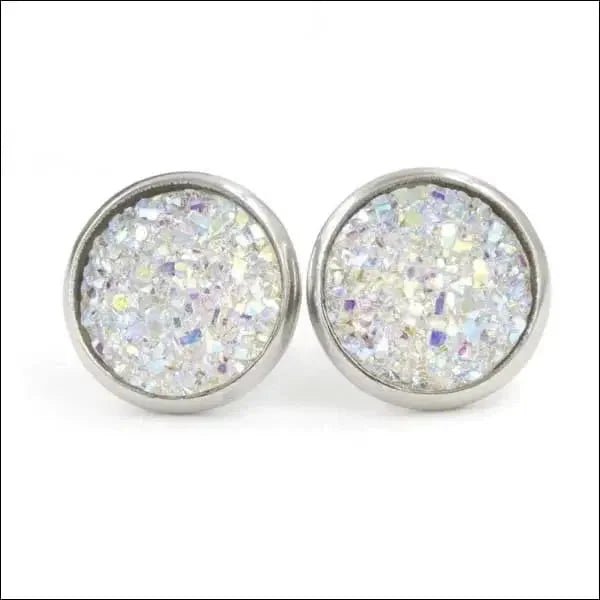 RVS Druzy Oorbellen Diverse Kleuren 8-12mm - Glinsterende Studs - Wit -
