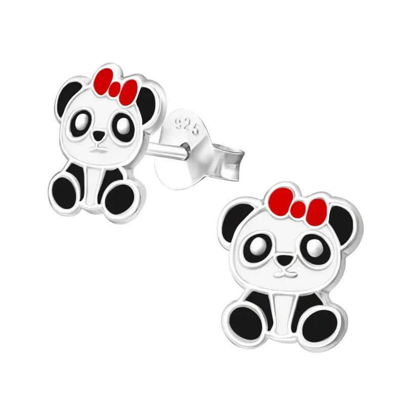925 Zilveren Panda Oorbellen 8mm Kinderen - Schattige Pandabeer Oorstekers - Panda strik Rood-9x7mm 