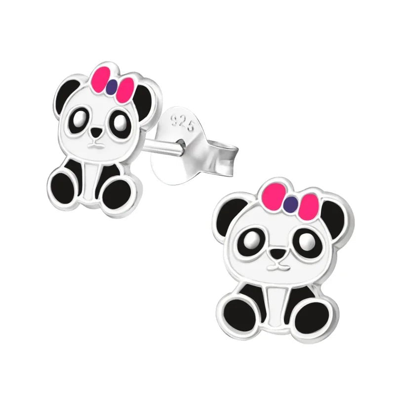 925 Zilveren Panda Oorbellen 8mm Kinderen - Schattige Pandabeer Oorstekers - Panda strik Roze-9x7mm 