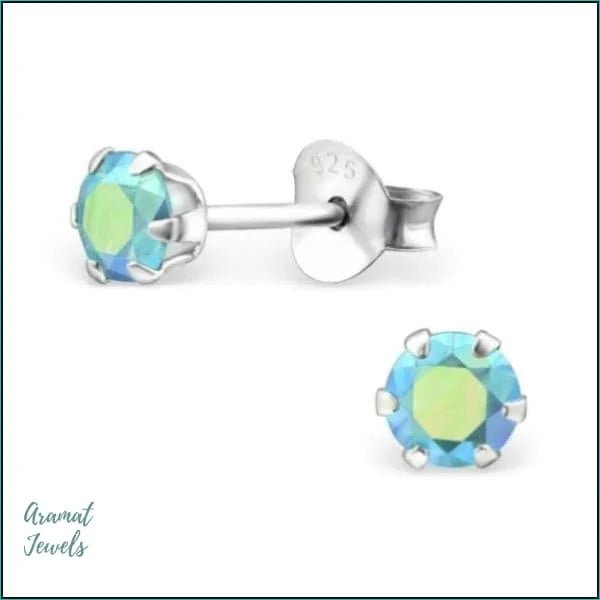 925 Zilveren Zirkonia Oorbellen Rond 4-8mm - Sprankelende Oorstekers - 4mm / AB Aqua Blauw -