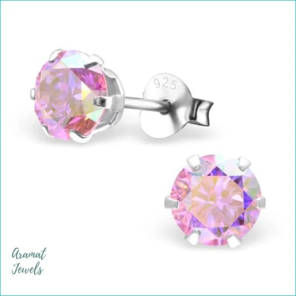 925 Zilveren Zirkonia Oorbellen Rond 4-8mm - Sprankelende Oorstekers - 6mm / AB Roze -