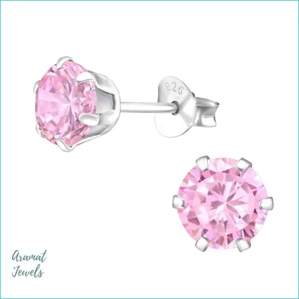 925 Zilveren Zirkonia Oorbellen Rond 4-8mm - Sprankelende Oorstekers - 6mm / Roze -