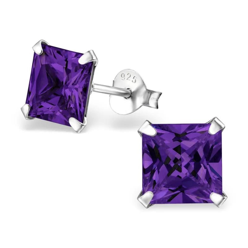925 Zilveren Vierkante Zirkonia Oorbellen 4-8mm - Princess Cut Studs - 7mm / Paars -