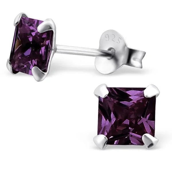 925 Zilveren Vierkante Zirkonia Oorbellen 4-8mm - Princess Cut Studs - 5mm / Donker Paars -