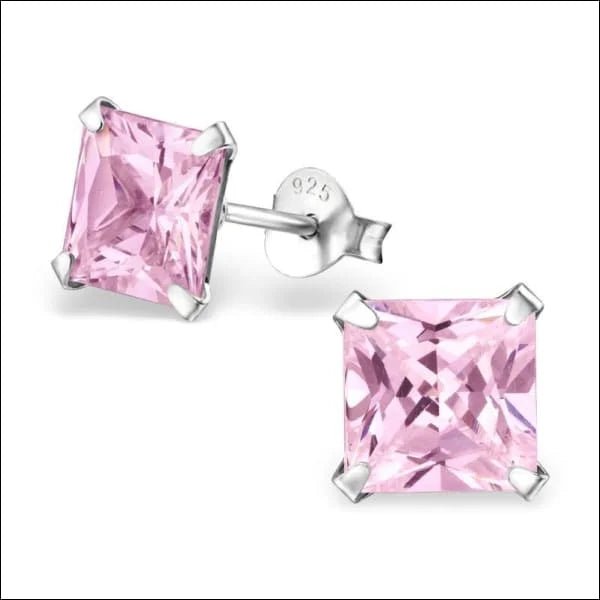 925 Zilveren Vierkante Zirkonia Oorbellen 4-8mm - Princess Cut Studs - 7mm / Roze -