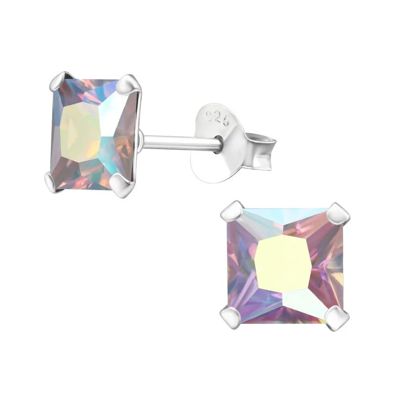 925 Zilveren Vierkante Zirkonia Oorbellen 4-8mm - Princess Cut Studs - 6mm / AB Lila -