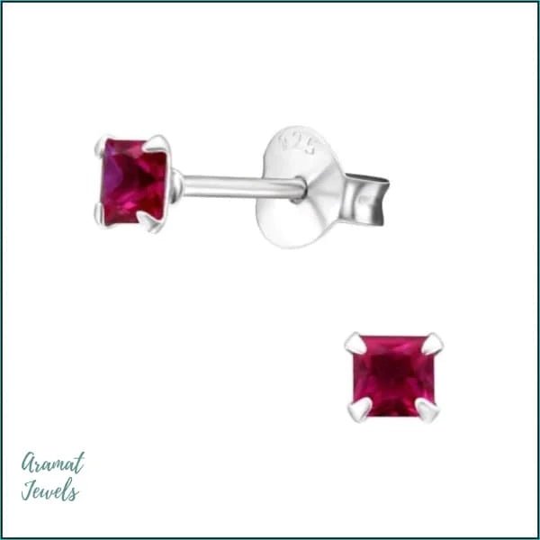 925 Zilveren Vierkante Zirkonia Oorbellen 4-8mm - Princess Cut Studs - 3mm / Robijn Rood -