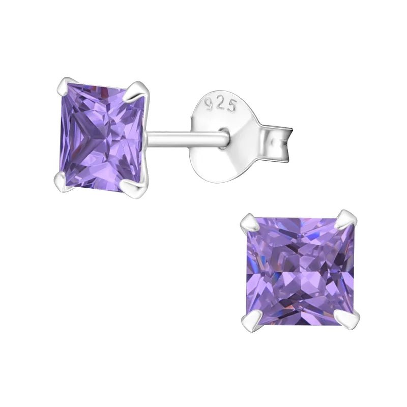 925 Zilveren Vierkante Zirkonia Oorbellen 4-8mm - Princess Cut Studs - 5mm / Paars -