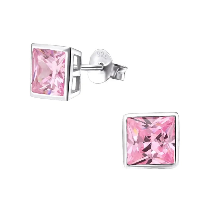 Zilveren Vierkante Oorbellen - Zirkonia 6mm - Roze -