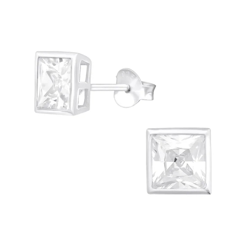 Zilveren Vierkante Oorbellen - Zirkonia 6mm - Roze -