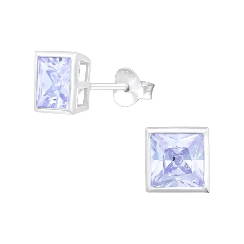Zilveren Vierkante Oorbellen - Zirkonia 6mm - Lila -