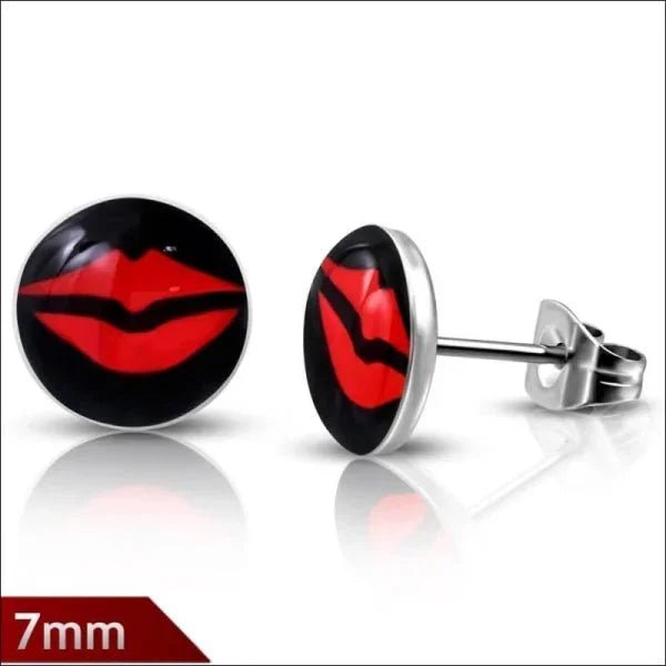 RVS Logo Oorknoppen Diverse Modellen 8mm - Stoere Oorstekers - 7mm / Mond-Rood-Zwart -