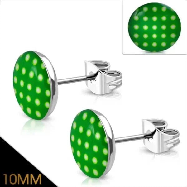 RVS Logo Oorknoppen Diverse Modellen 8mm - Stoere Oorstekers - 10mm / Stippen-Groen-Wit -
