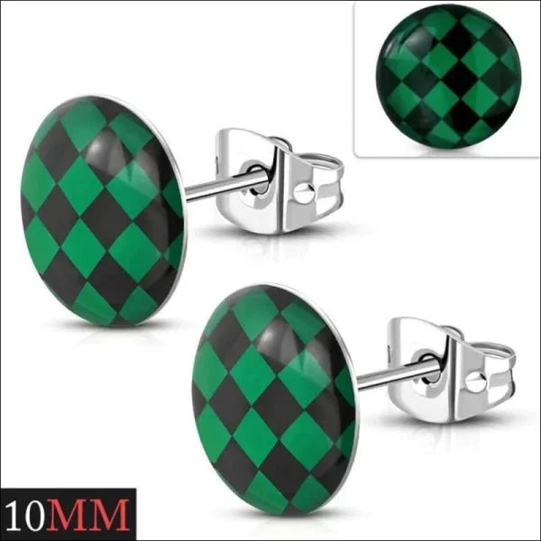 RVS Logo Oorknoppen Diverse Modellen 8mm - Stoere Oorstekers - 10mm / Geruit-Groen-Zwart -