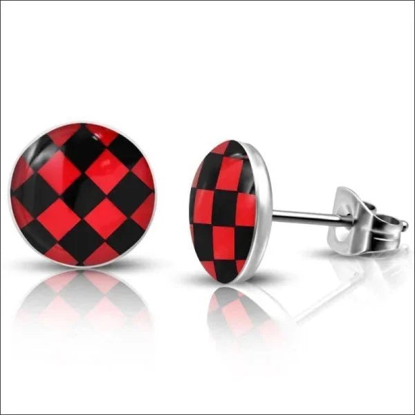 RVS Logo Oorknoppen Diverse Modellen 8mm - Stoere Oorstekers - 7mm / Geruit-Rood-Zwart -